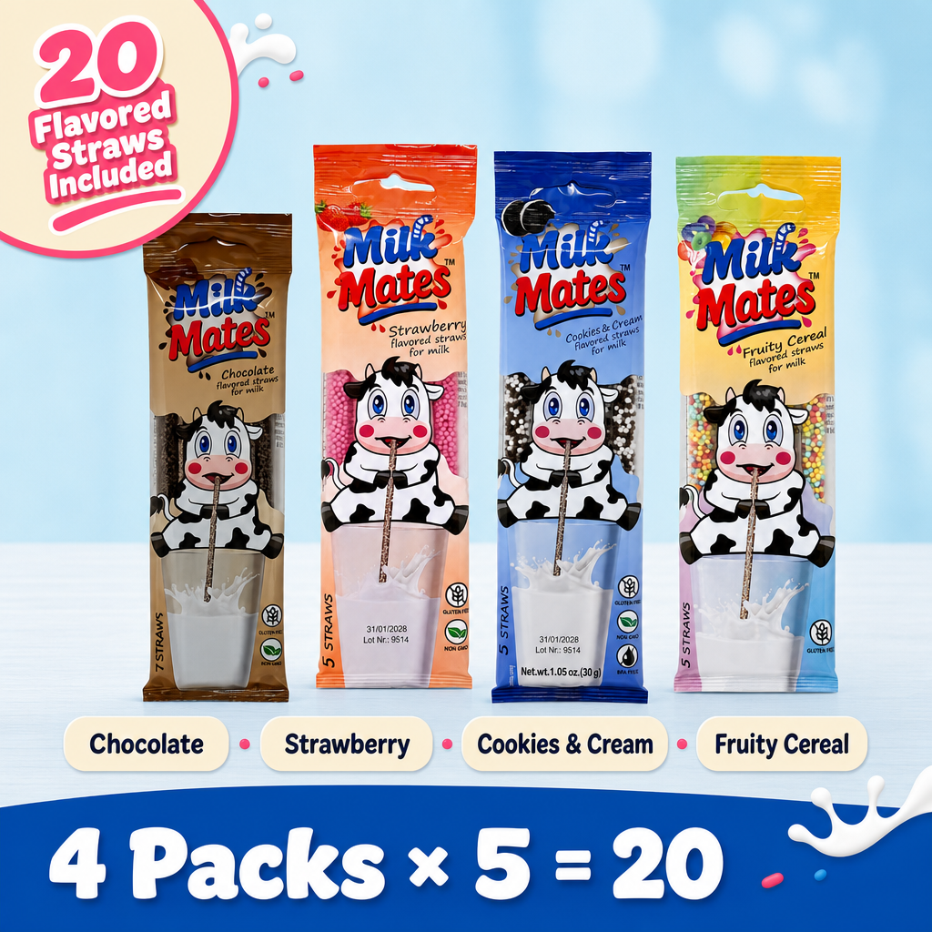 20 Milk Flavoring Straws - 4 Packs Ea 5 Straws Astd Flavors, Chocolate, Strawberry, Cookies & Cream, Fruity Cereal