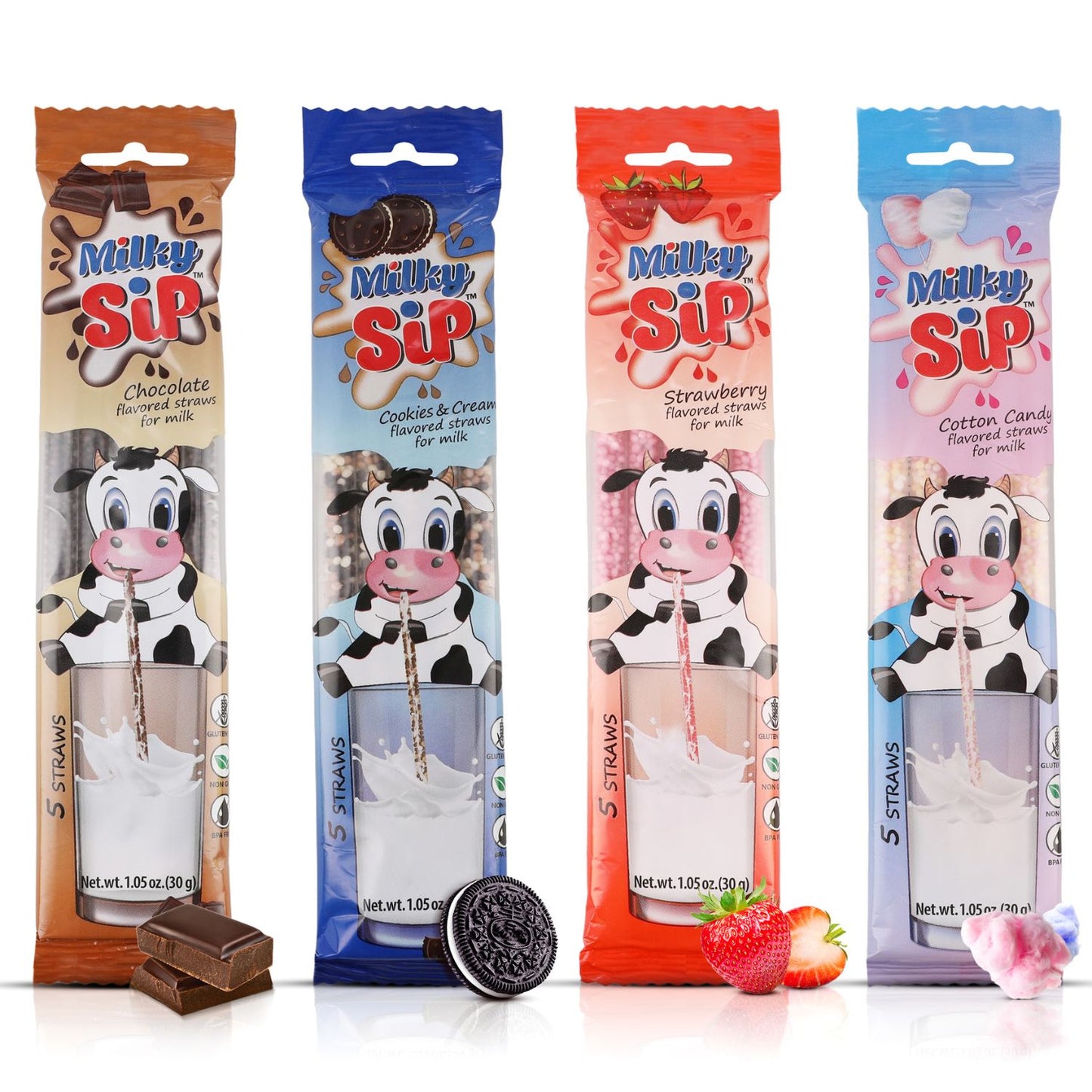 20 Milk Flavoring Straws - 4 Packs Ea 5 Straws Astd Flavors, Chocolate, Strawberry, Cotton Candy, Cookies & Cream.