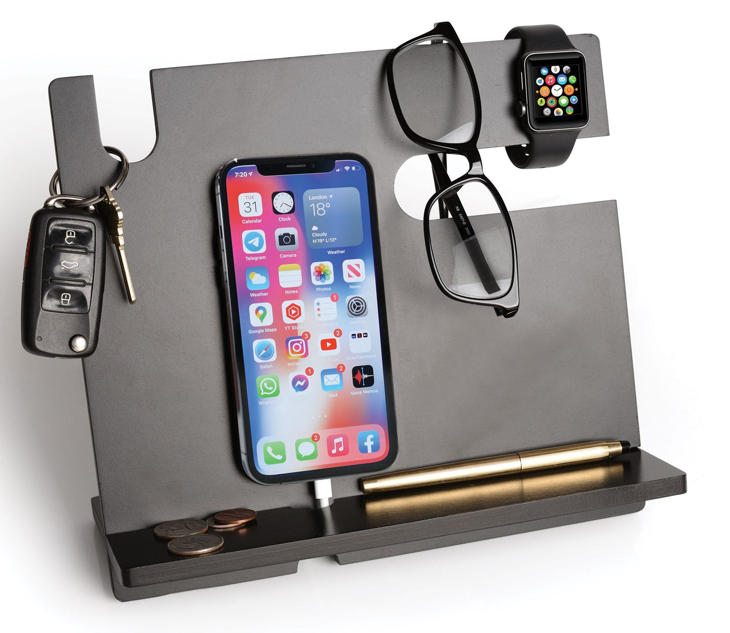 Sleek Wooden Desktop Organizer with Slots for Phone, Wallet & Keys