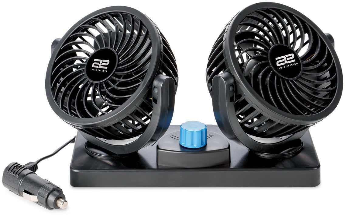 Dual Head 12V Auto Car Fan with 360° Rotation & 2 Speeds – Plugs into Power Port – Cooling for Cars, Trucks, SUVs, Vans – 39” Cord