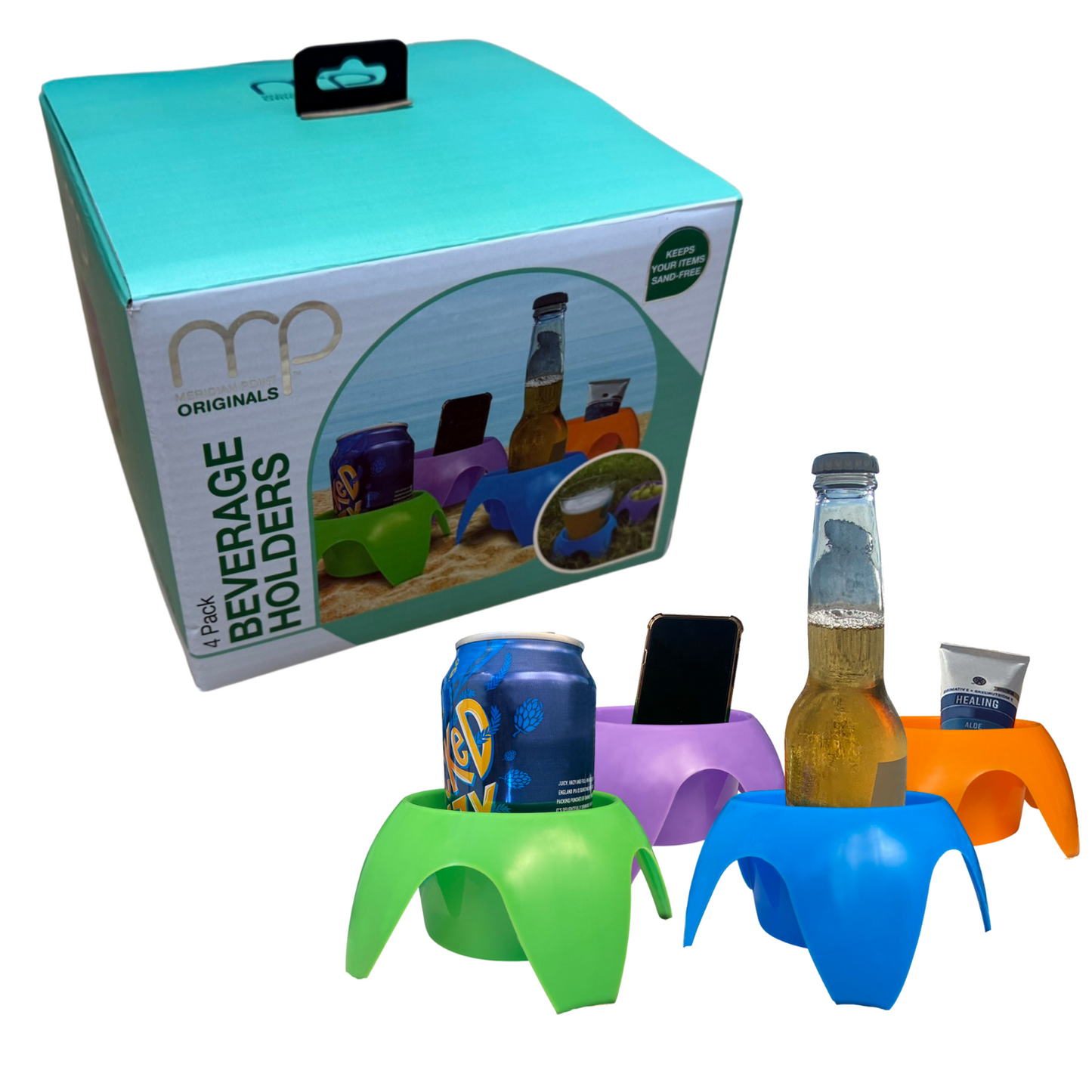 4 Pack Spill-Proof Drink and Snack Holders For Home, Office, Lawn, & Beach. Prevent Spills Onto Your Laptop, Keyboard. Color Coded Outdoor, Indoor Beverage/Snack Holders. Stackable