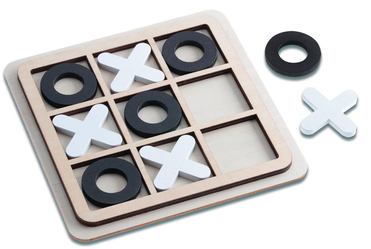 A wooden tic tac toe game with beige and black wooden pieces on a wooden board.