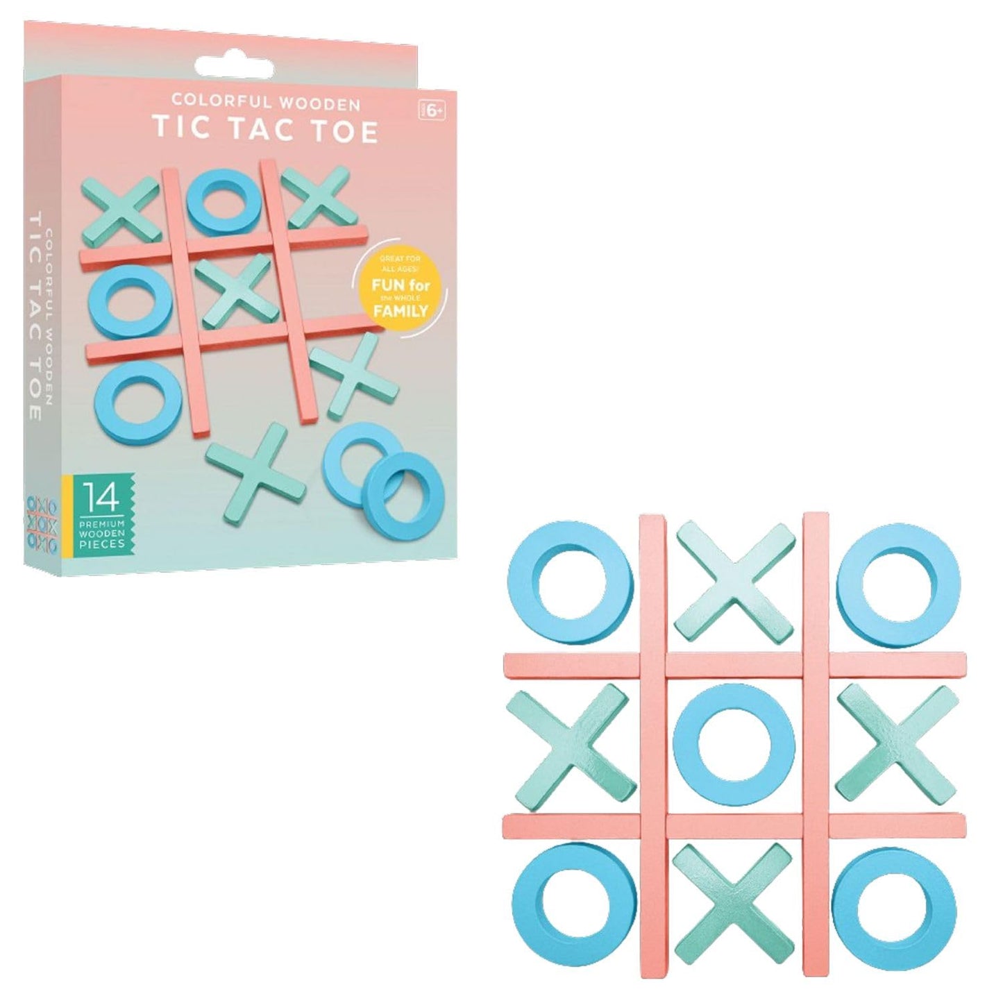 A colorful wooden tic tac toe game set displayed with game grid and pieces. The set is packaged in a box with '14 pieces' and 'Fun for all ages' labels.