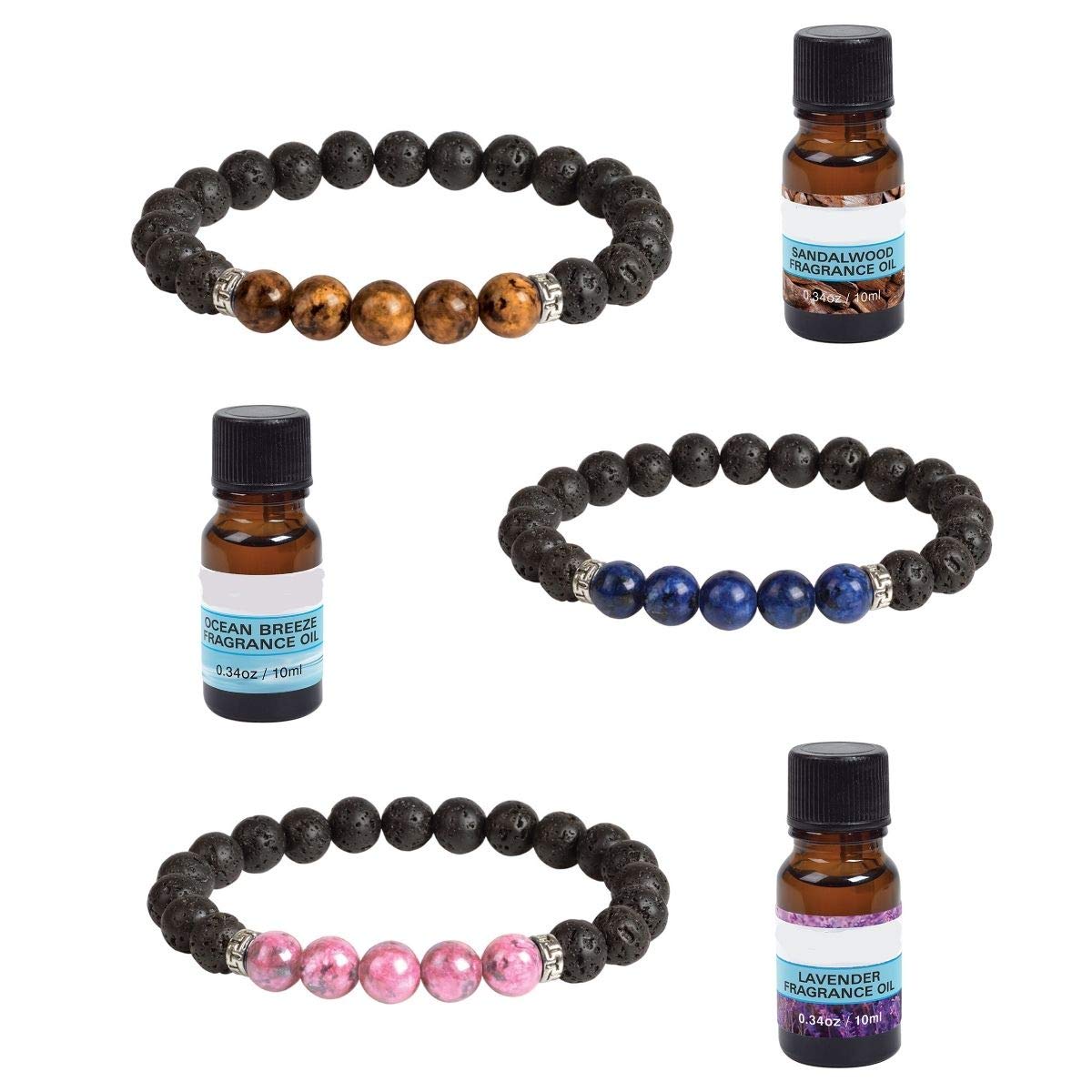 6 Pcs Set Aromatherapy Diffuser Bracelets for Women with Essential Oil Included - Set Includes 3 Lava Bead Bracelets and 3 Essential Oils