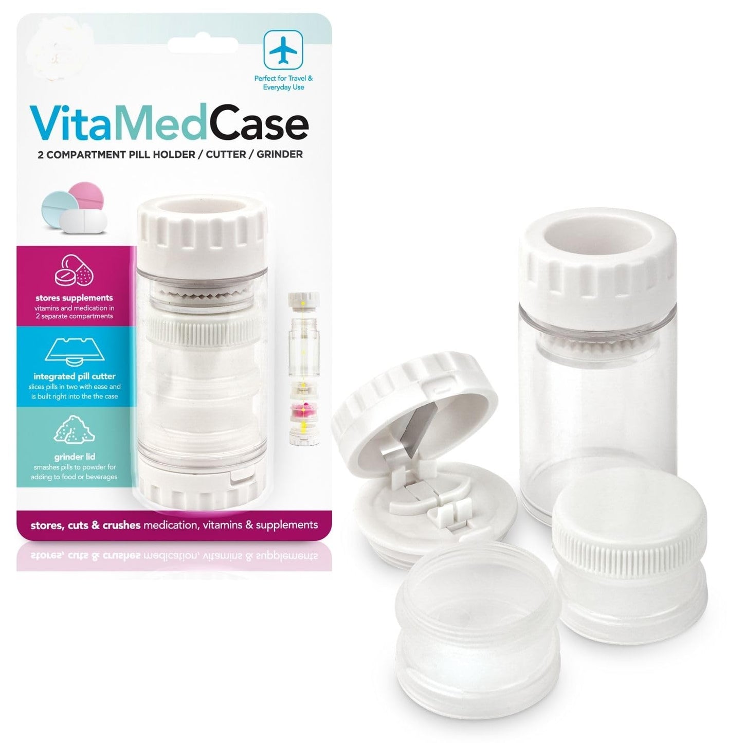 3 In 1 Vita Med Case - 2 Compartment Pill Holder Cutter Grinder