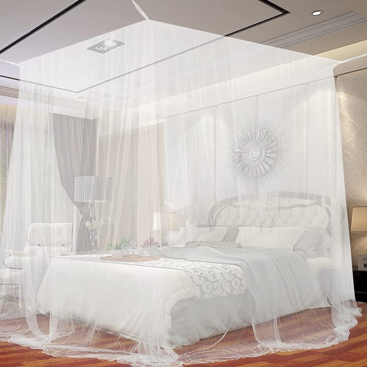 White Bed Canopy Curtains, 4 Corner Bed Canopy Queen for Twin Bed for Better Sleep
