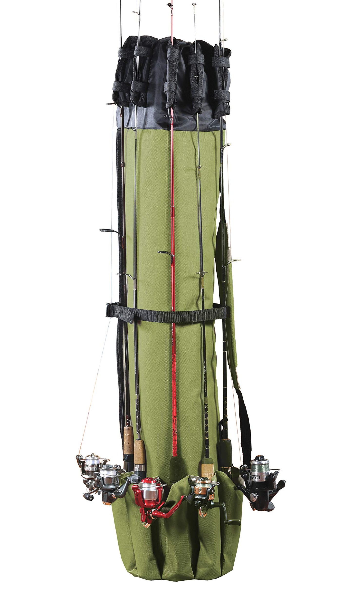 Fishing Rod Holder-Canvas Carry Case Holds 5 Poles with Pockets for Fishing Reels