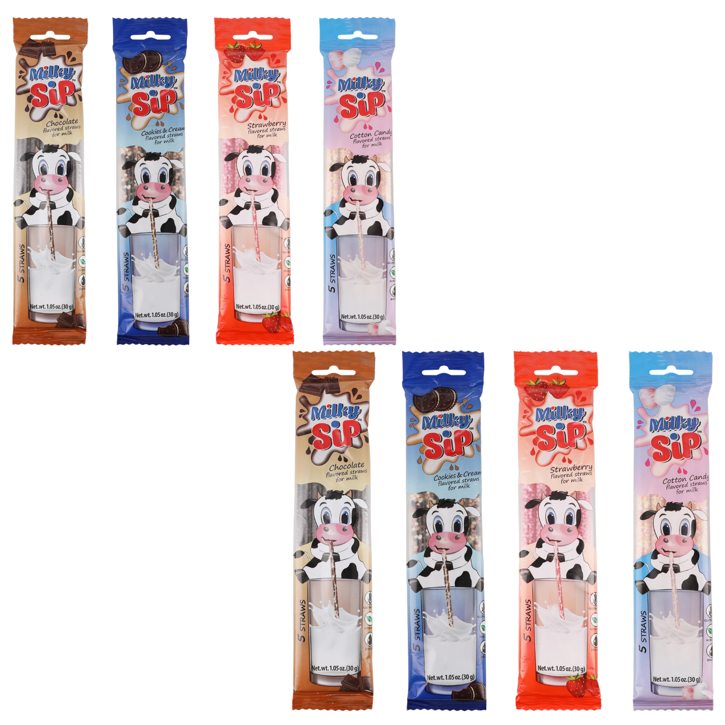 40 Milk flavoring Straws, 8 Packs Ea 5 Straws in 4 Flavors - Chocolate, Strawberry, Cookies & Cream, Cotton Candy. Each Straw Perfect for a 7 oz Milk Glass. Flavor Straws For Milk.