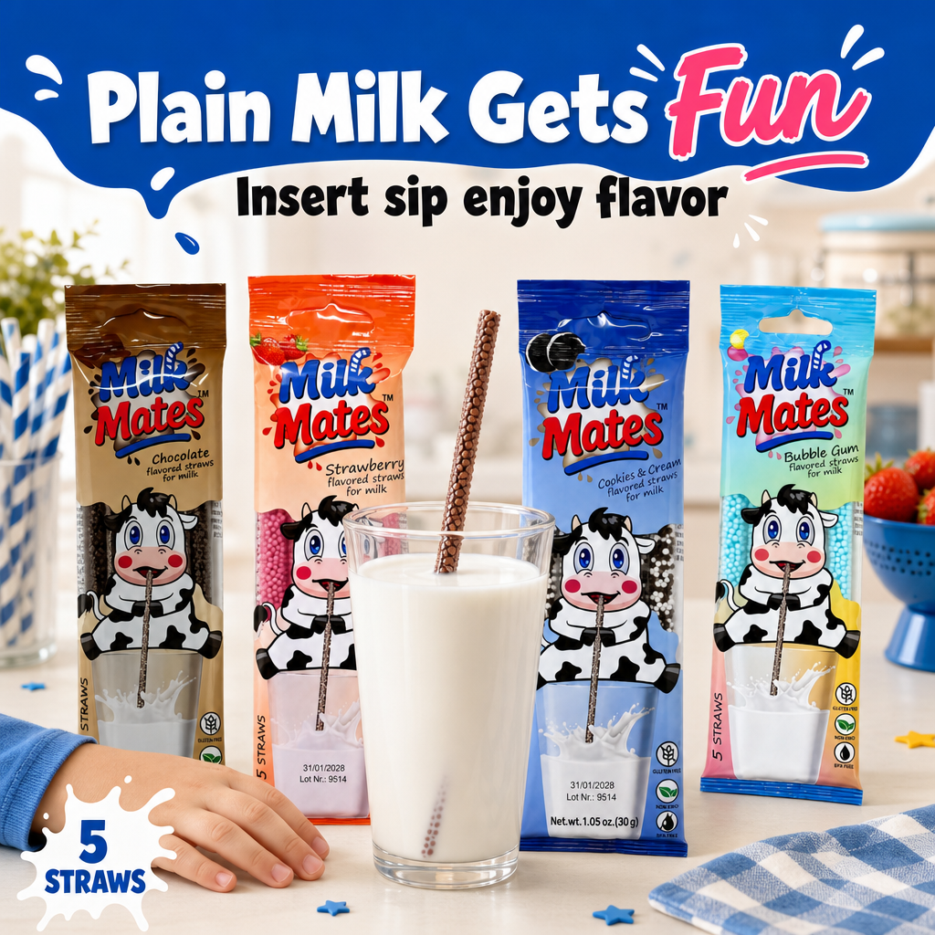 20 Milk Flavoring Straws - 4 Packs Ea 5 Straws Astd Flavors, Chocolate, Strawberry, Cookies & Cream, Bubble Gum