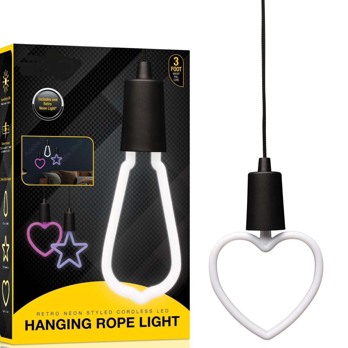 3 PCS Hanging Rope Light – Battery Powered Retro Bulb, Star & Heart Accent Lights