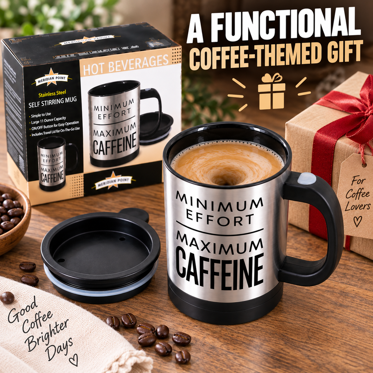 11 Oz Stainless Steel Self Stirring Mug with Travel Lid