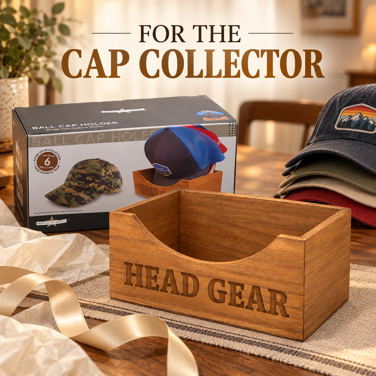 Natural Wood Ball Cap Holder for 6 Hats