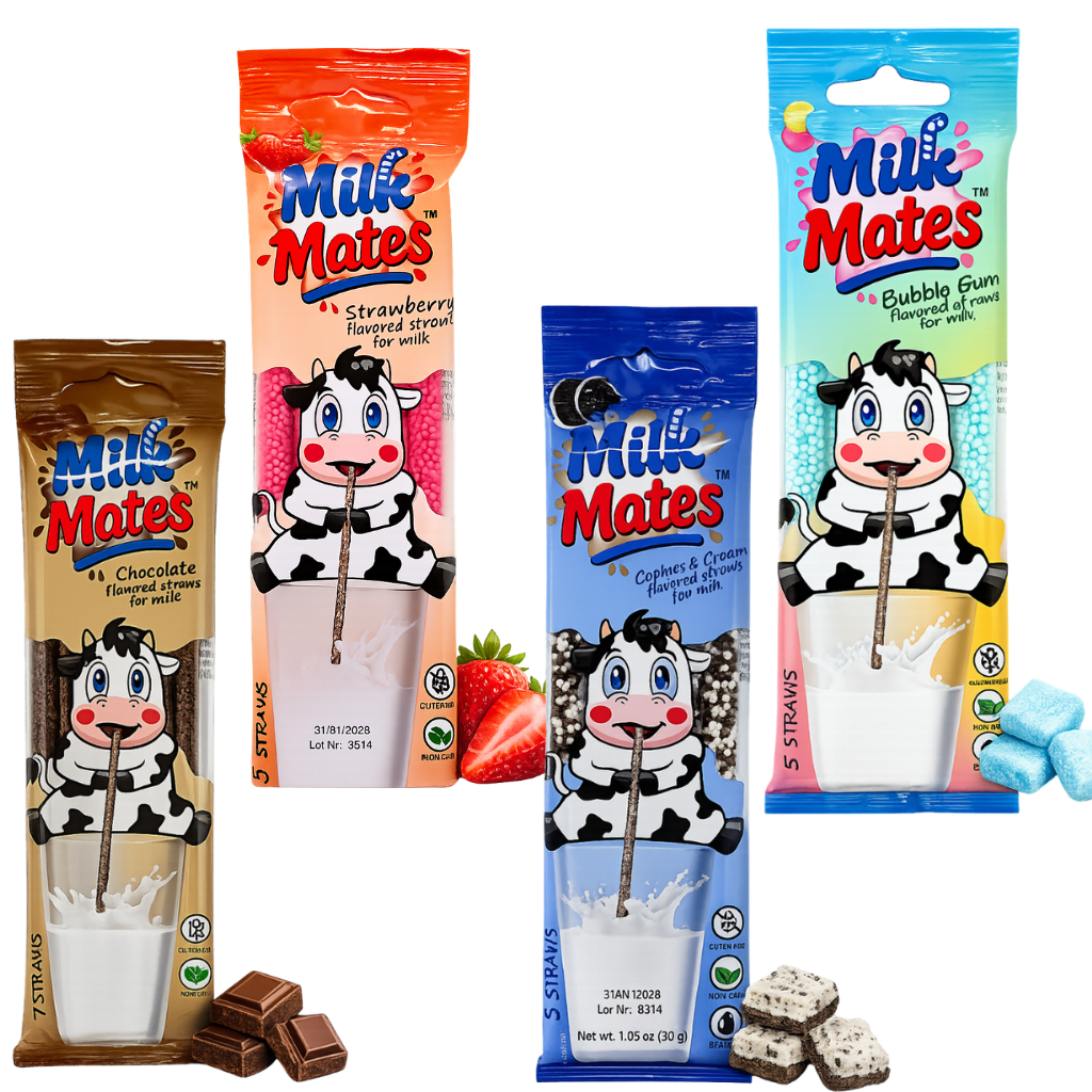 20 Milk Flavoring Straws - 4 Packs Ea 5 Straws Astd Flavors, Chocolate, Strawberry, Cookies & Cream, Bubble Gum