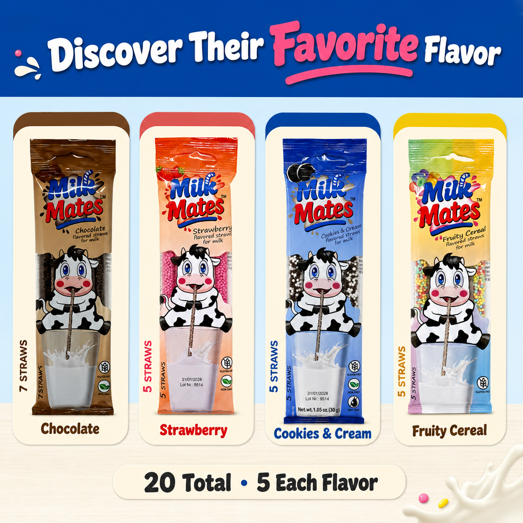 20 Milk Flavoring Straws - 4 Packs Ea 5 Straws Astd Flavors, Chocolate, Strawberry, Cookies & Cream, Fruity Cereal