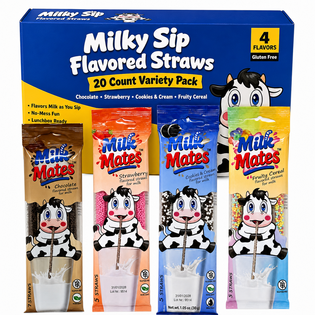 20 Milk Flavoring Straws - 4 Packs Ea 5 Straws Astd Flavors, Chocolate, Strawberry, Cookies & Cream, Fruity Cereal