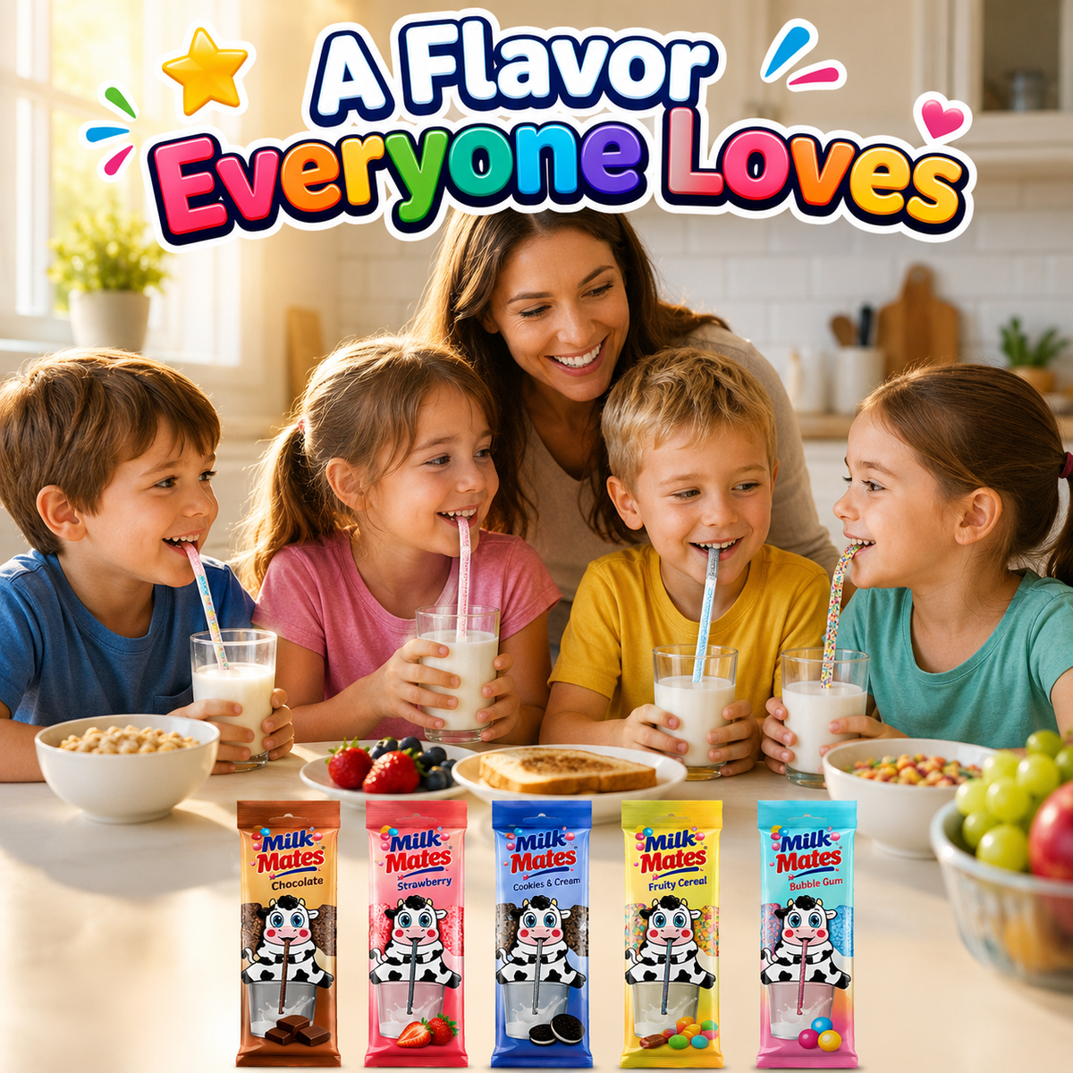 25 Milk Flavoring Straws Assorted 5 Flavors for 7 Oz Milk, 5 Packs