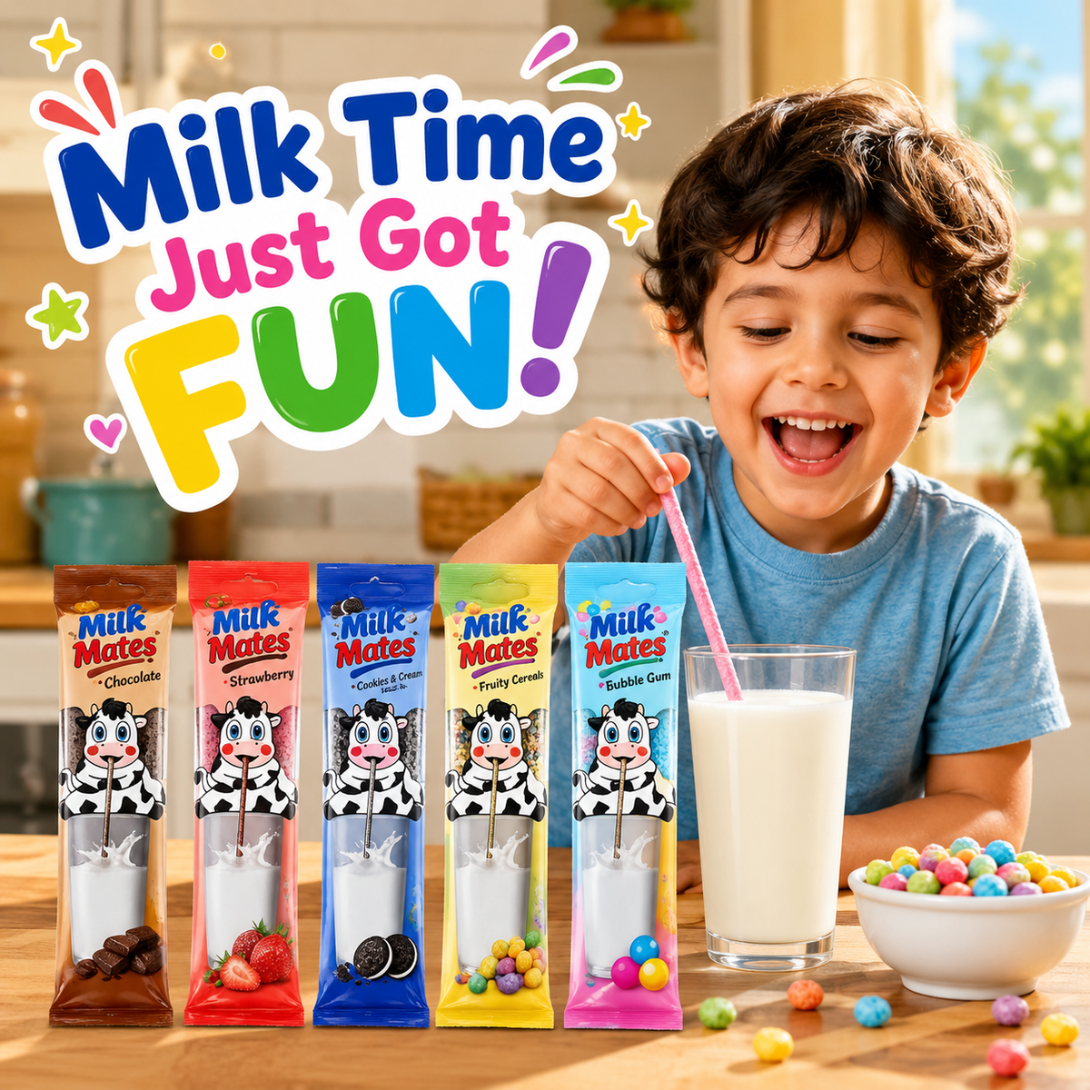 25 Milk Flavoring Straws Assorted 5 Flavors for 7 Oz Milk, 5 Packs