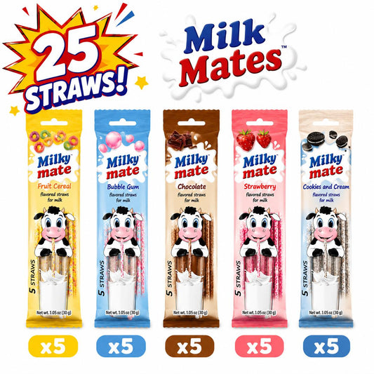 25 Milk Flavoring Straws Assorted 5 Flavors for 7 Oz Milk, 5 Packs