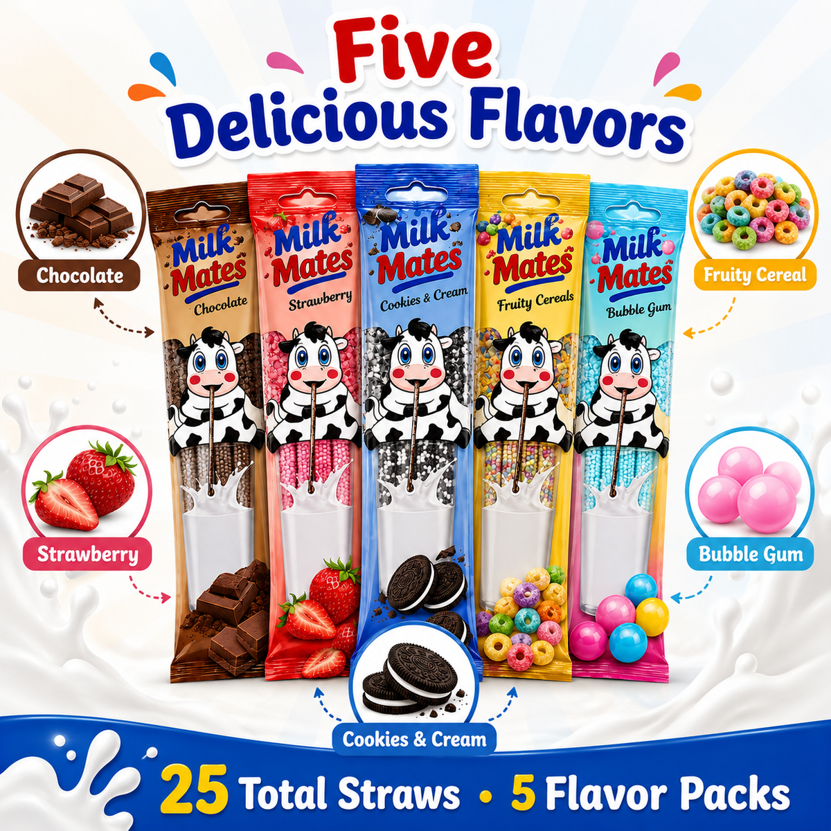 25 Milk Flavoring Straws Assorted 5 Flavors for 7 Oz Milk, 5 Packs