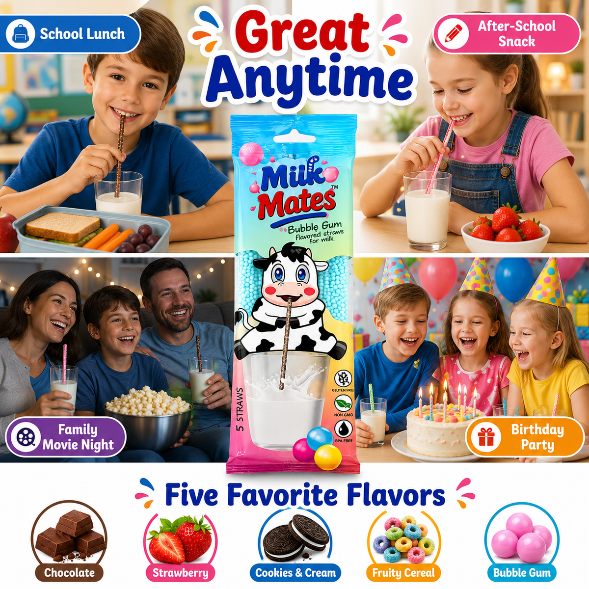 25 Milk Flavoring Straws Assorted 5 Flavors for 7 Oz Milk, 5 Packs