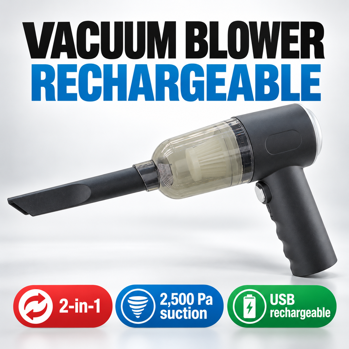 Handheld Portable Cordless 2 in 1 Rechargeable Vacuum and Blower with 3 Cleaning Attachments