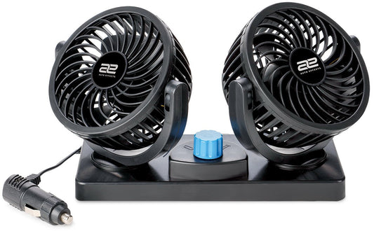 Dual Head 12V Auto Car Fan with 360° Rotation & 2 Speeds – Plugs into Power Port – Cooling for Cars, Trucks, SUVs, Vans – 39” Cord