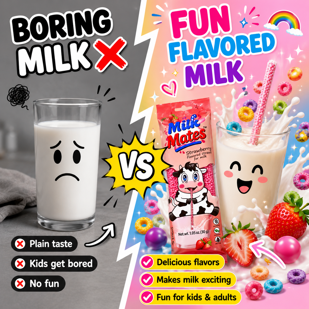 20 Milk Flavoring Straws - 4 Packs Ea 5 Straws Astd Flavors, Chocolate, Strawberry, Cookies & Cream, Fruity Cereal