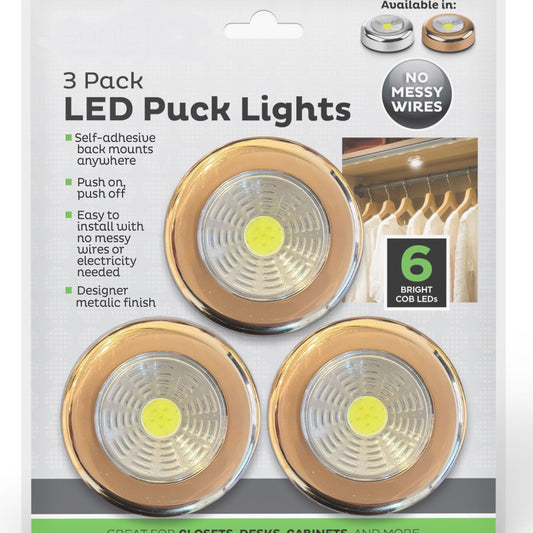3-Pack Push-On Bronze or Silver Color LED Puck Lights â€“ Wireless, Stick Anywhere Lighting. Random