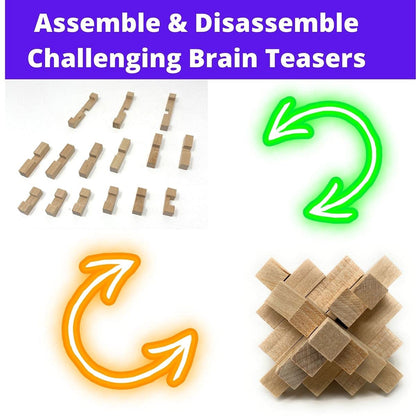 3 Pack Brain Teaser Wood Puzzle, 3D Puzzles for Adults