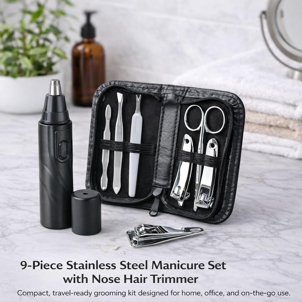 Stainless Steel 9pc Manicure Set with Case & Nose Hair Trimmer Men's Travel Kit