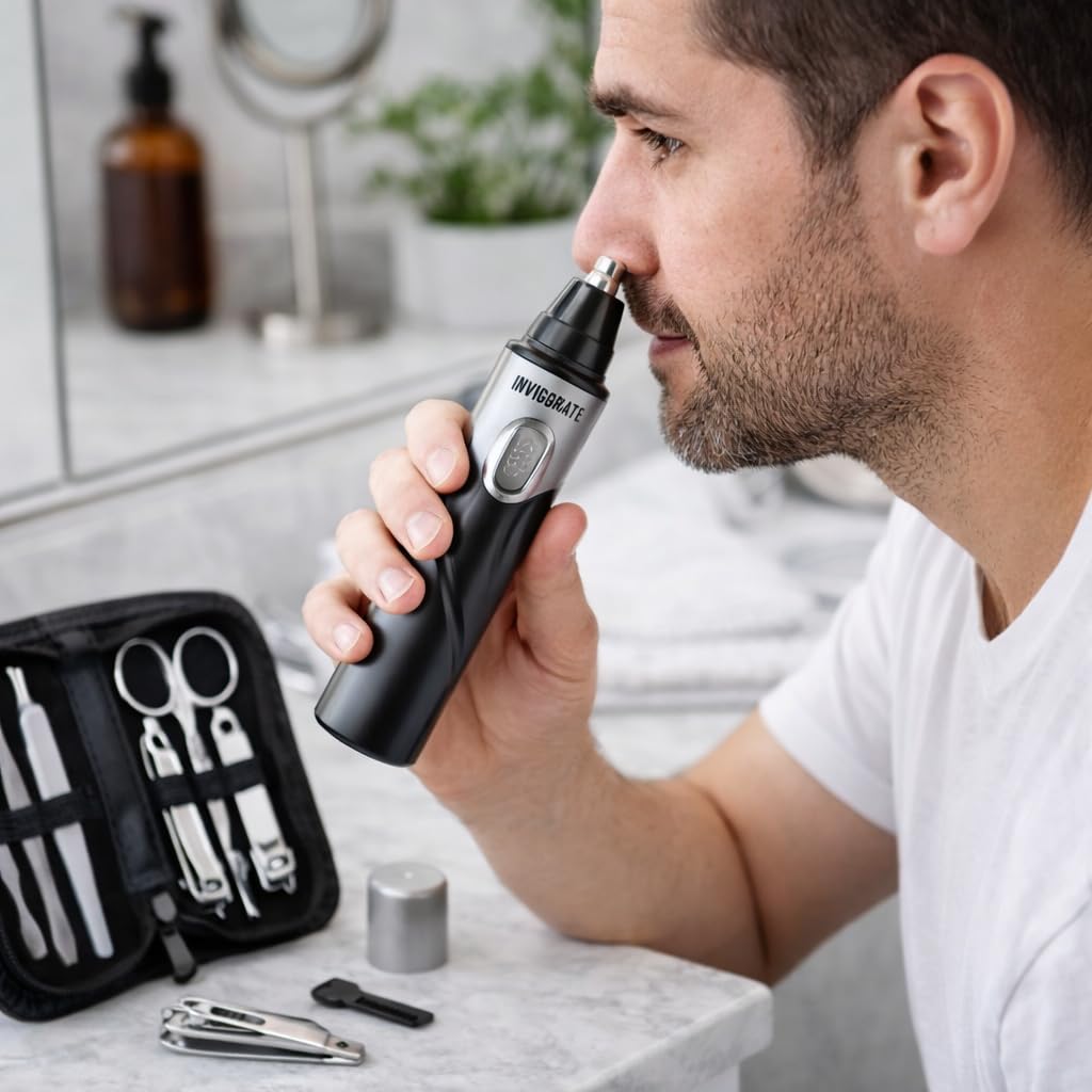 Stainless Steel 9pc Manicure Set with Case & Nose Hair Trimmer Men's Travel Kit