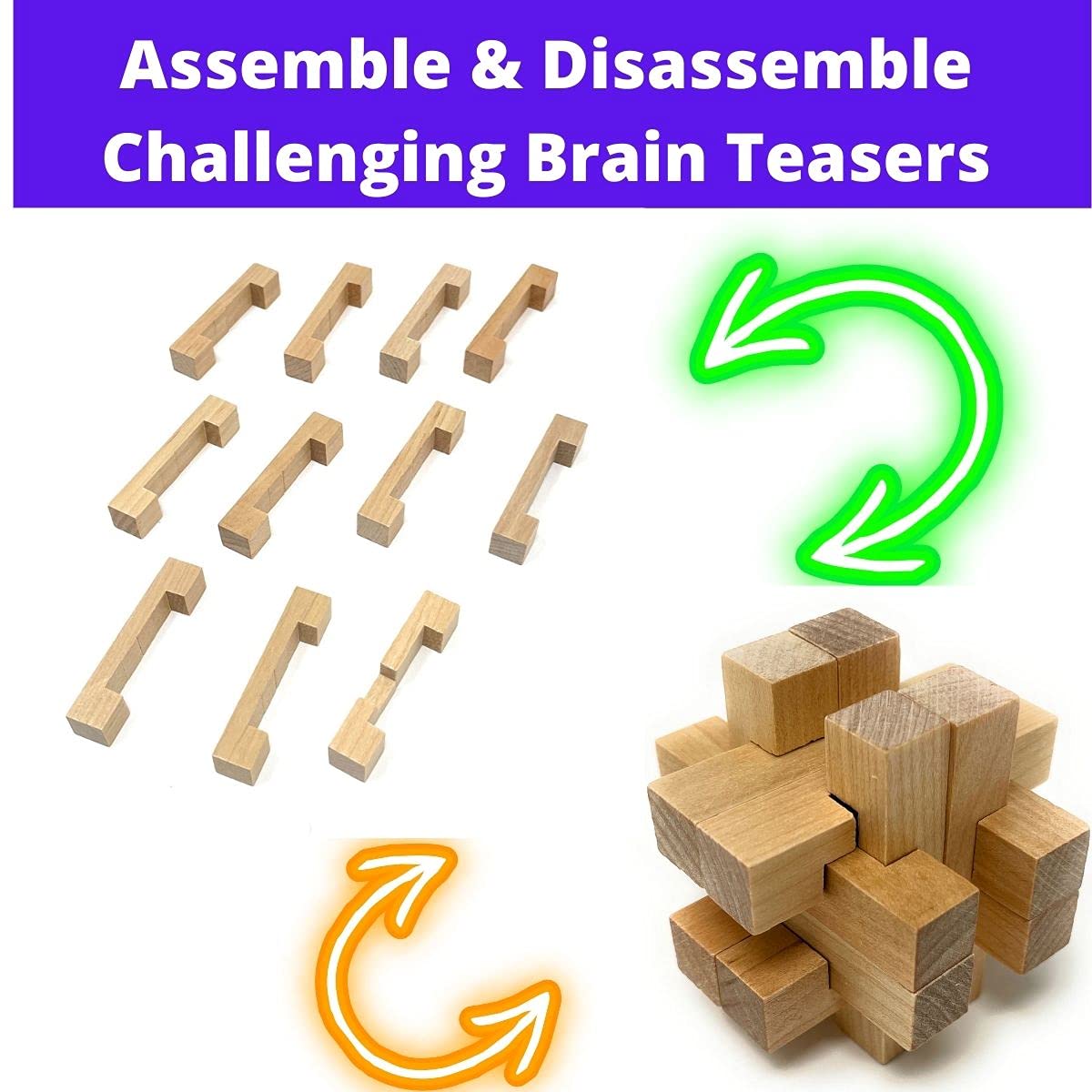 3 Pack Brain Teaser Wood Puzzle, 3D Puzzles for Adults