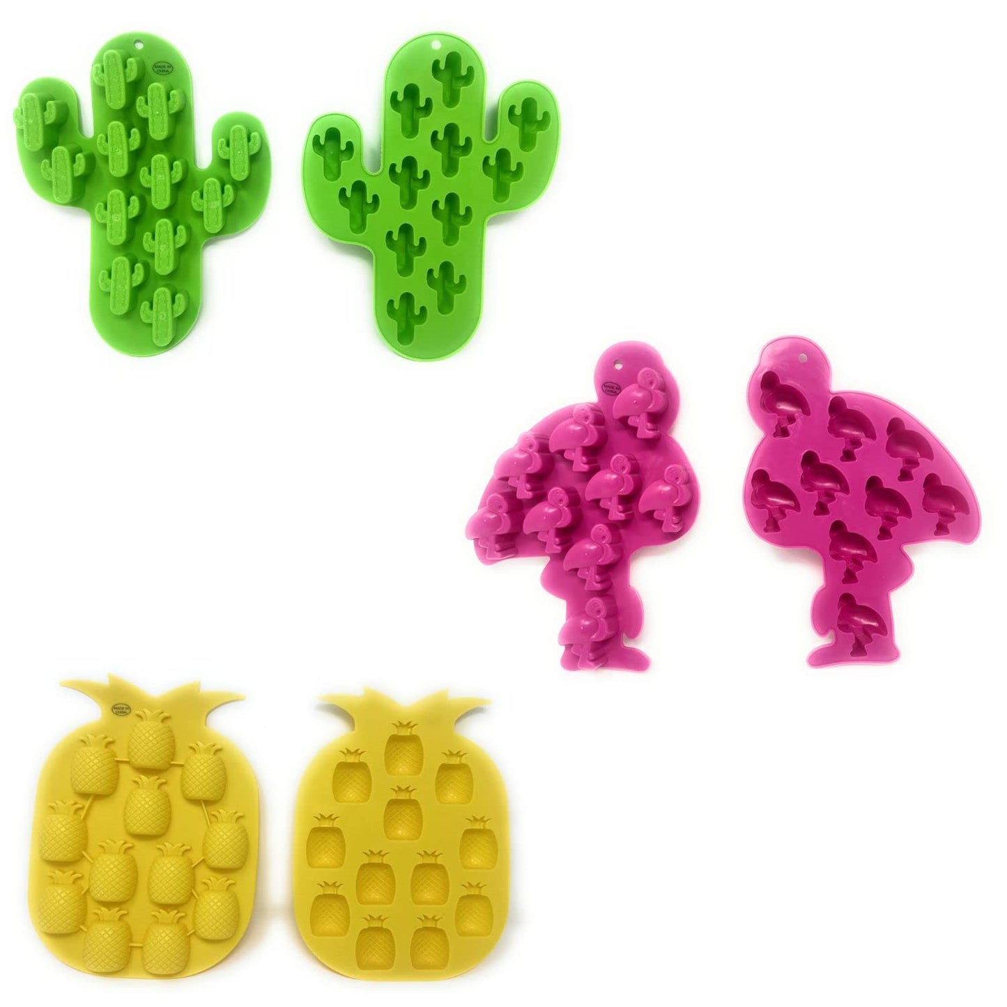 3 Styles Set - Each Style 2 Pk Silicone Ice Mold Assortment (Pineapple, Cactus, Flamingo)-Total 6 Ice Molds