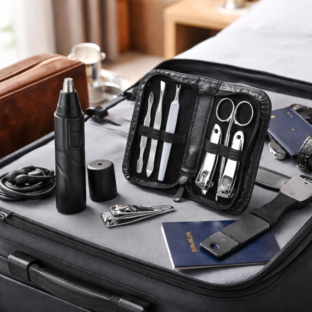 Stainless Steel 9pc Manicure Set with Case & Nose Hair Trimmer Men's Travel Kit