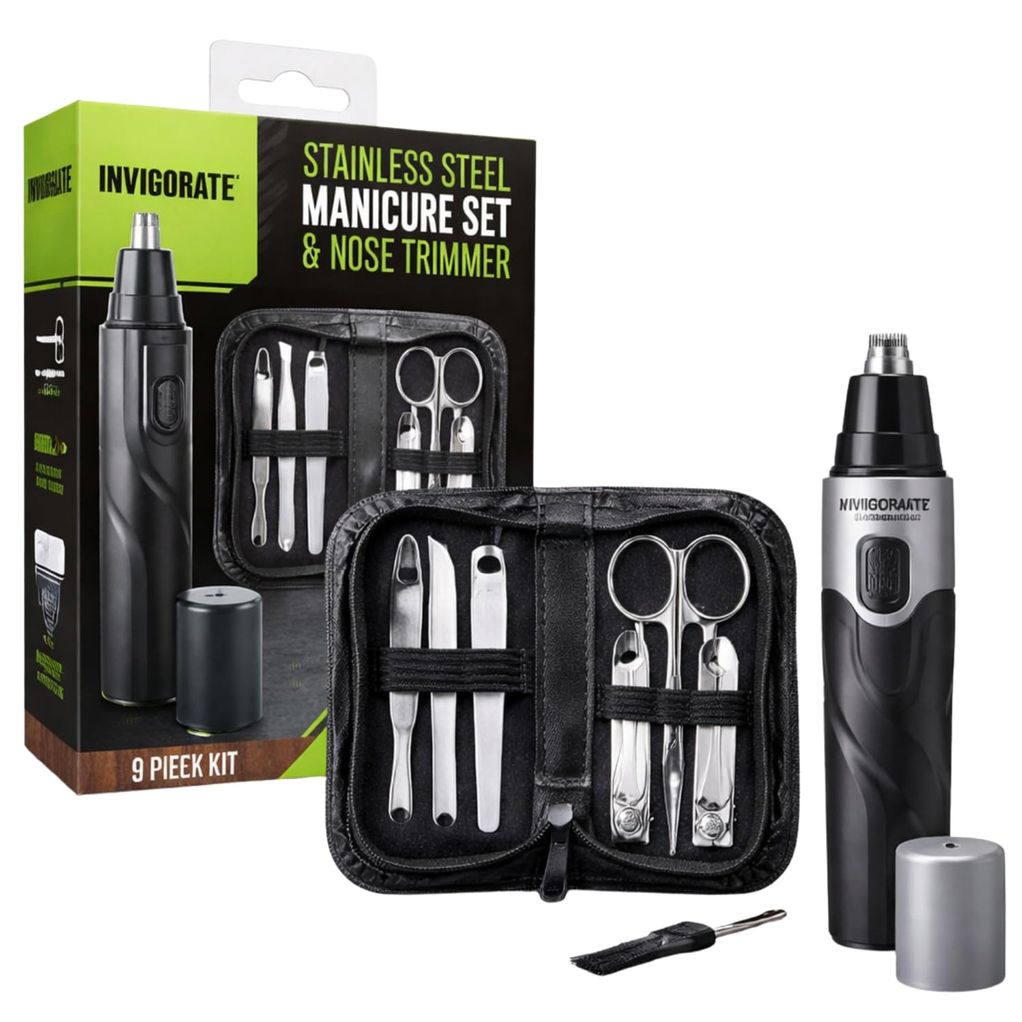 Stainless Steel 9pc Manicure Set with Case & Nose Hair Trimmer Men's Travel Kit