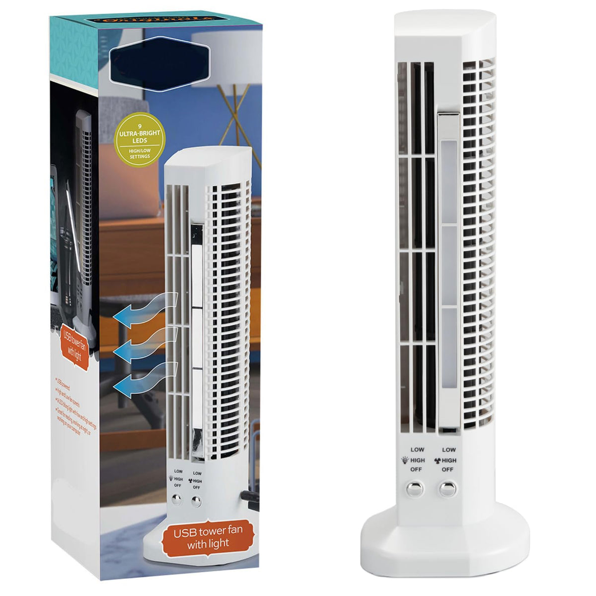 USB Tower Fan with Adjustable LED Light â€“ Dual Fan Speeds for Bedroom, Office