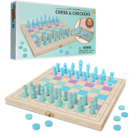 2 in 1 Wooden Chess and Checkers Set - Chess Set for Kids – 11 x 11 Wood Game Board Folds As Storage Case