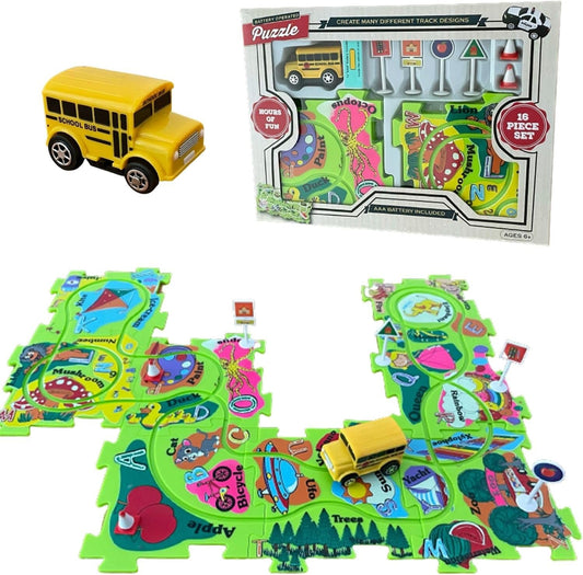 Puzzle Track Play Set - Battery-Operated Toy Vehicle & Floor Puzzle Play Mat - 16 Pc Sets