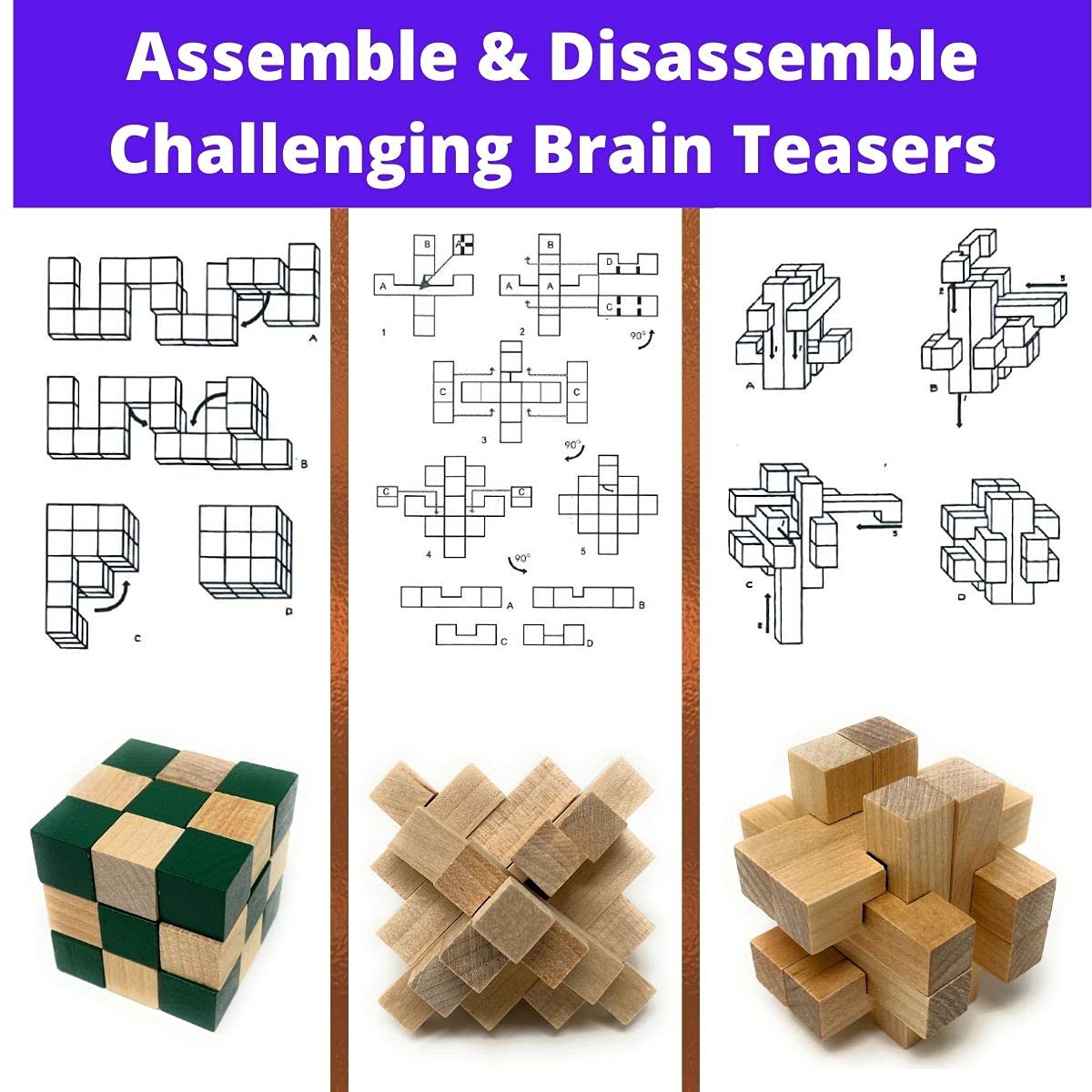 3 Pack Brain Teaser Wood Puzzle, 3D Puzzles for Adults