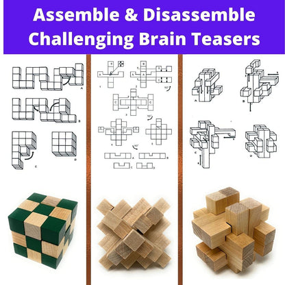 3 Pack Brain Teaser Wood Puzzle, 3D Puzzles for Adults