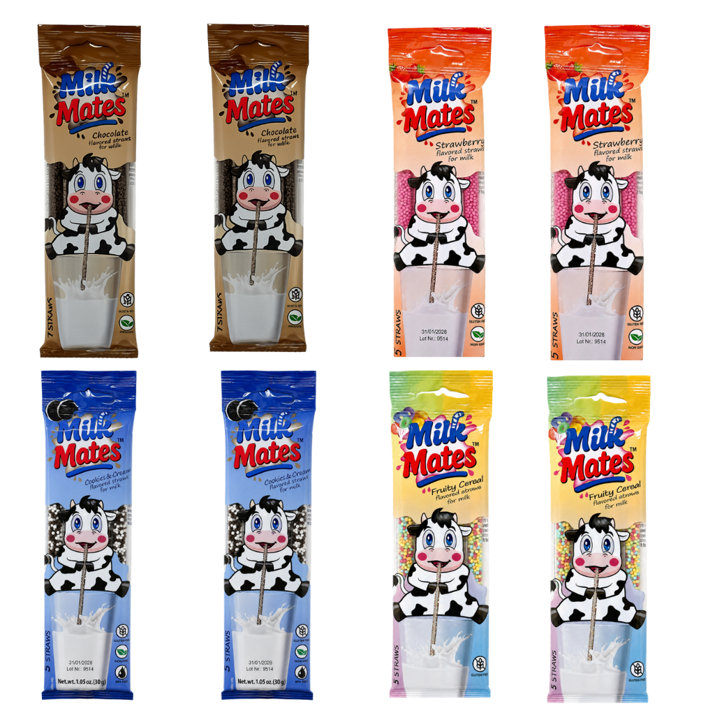 40 Milk flavoring Straws, 8 Packs Ea 5 Straws in 4 Flavors - Chocolate, Strawberry, Cookies & Cream, Fruity Cereal. Each Straw Perfect for a 7 oz Milk Glass. Flavor Straws For Milk.