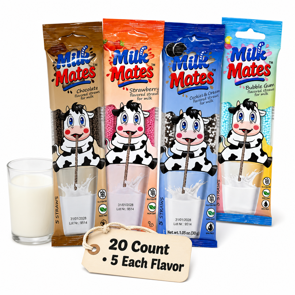 20 Milk Flavoring Straws - 4 Packs Ea 5 Straws Astd Flavors, Chocolate, Strawberry, Cookies & Cream, Bubble Gum