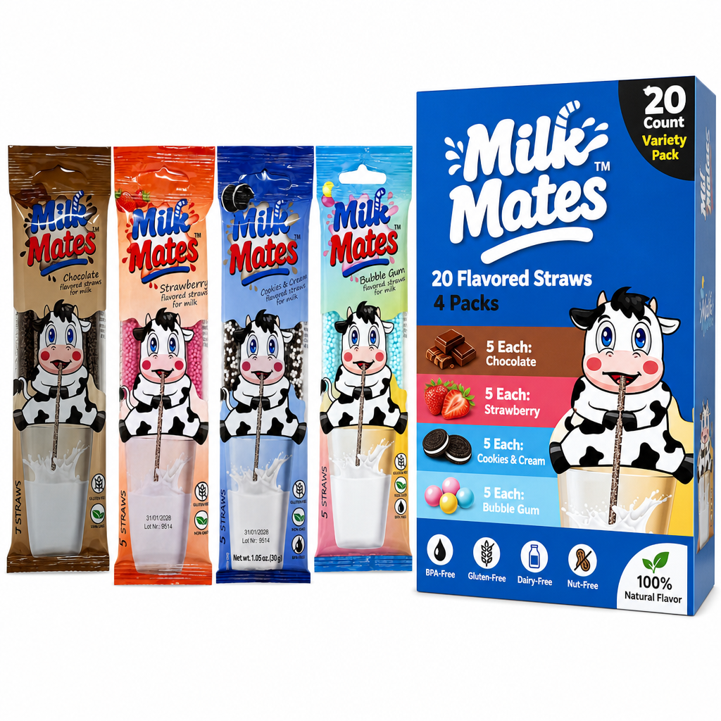 20 Milk Flavoring Straws - 4 Packs Ea 5 Straws Astd Flavors, Chocolate, Strawberry, Cookies & Cream, Bubble Gum