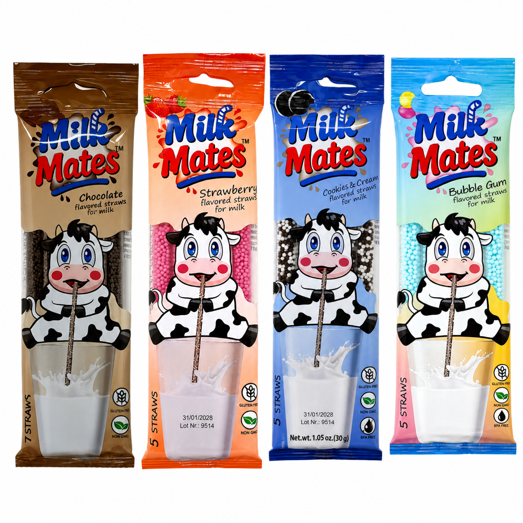20 Milk Flavoring Straws - 4 Packs Ea 5 Straws Astd Flavors, Chocolate, Strawberry, Cookies & Cream, Bubble Gum