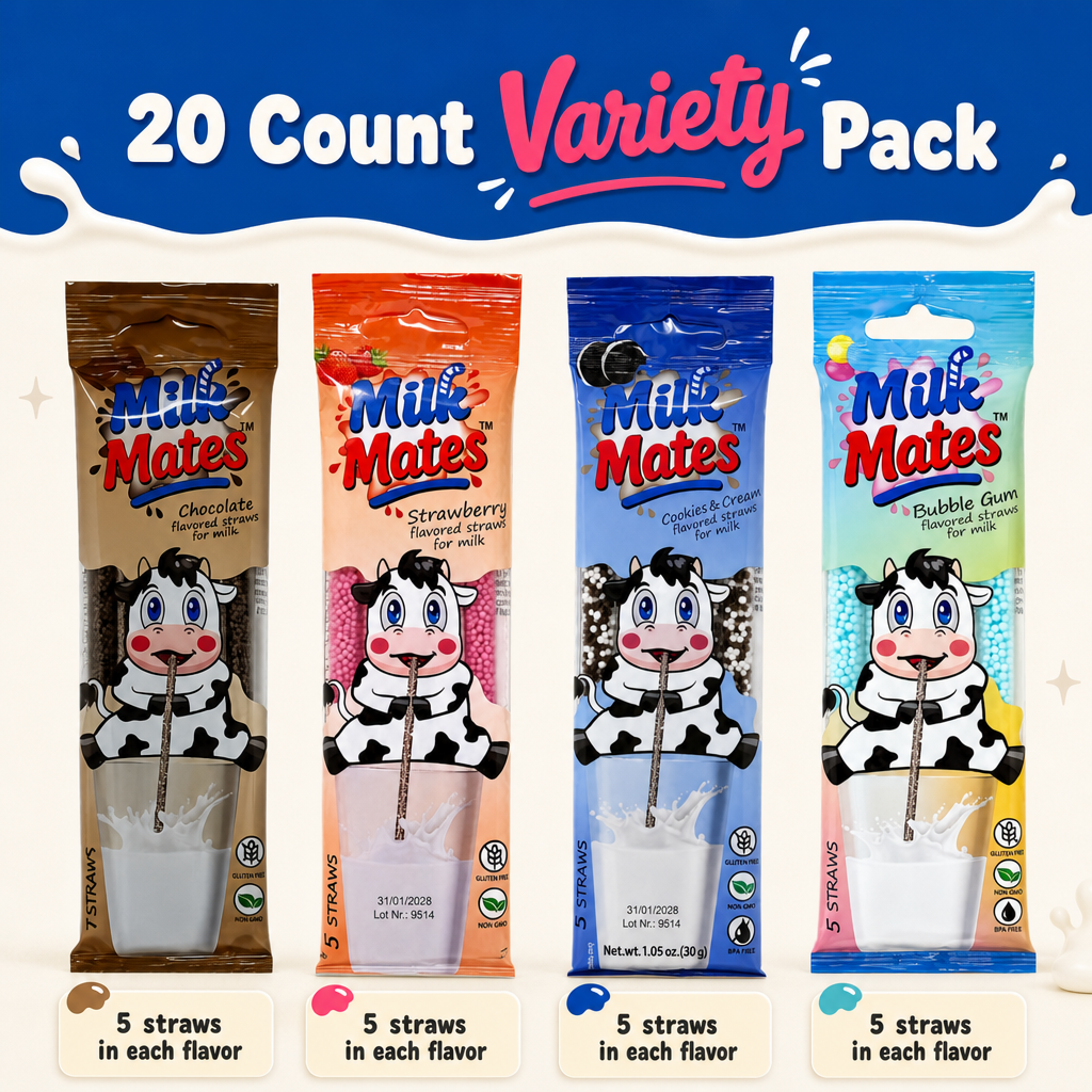 20 Milk Flavoring Straws - 4 Packs Ea 5 Straws Astd Flavors, Chocolate, Strawberry, Cookies & Cream, Bubble Gum