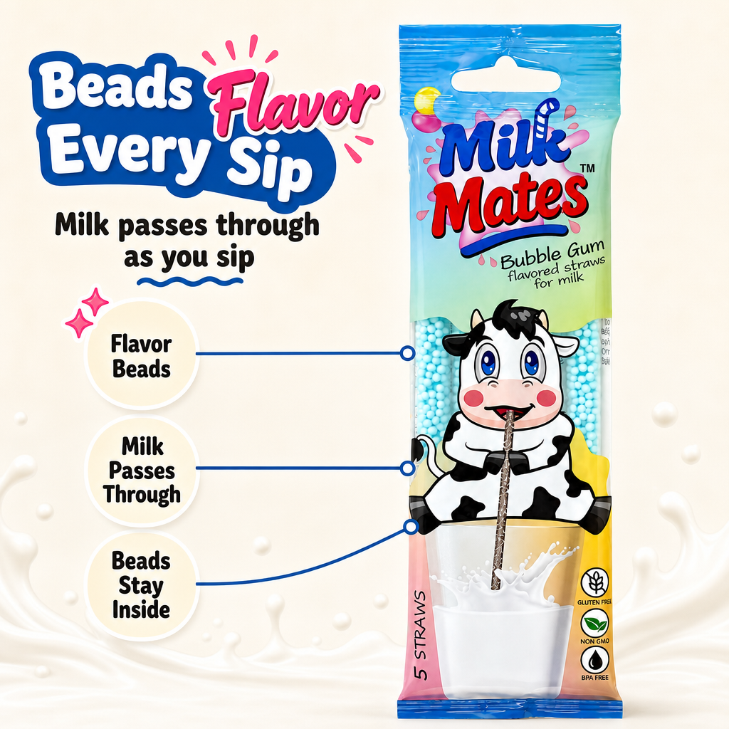 20 Milk Flavoring Straws - 4 Packs Ea 5 Straws Astd Flavors, Chocolate, Strawberry, Cookies & Cream, Bubble Gum