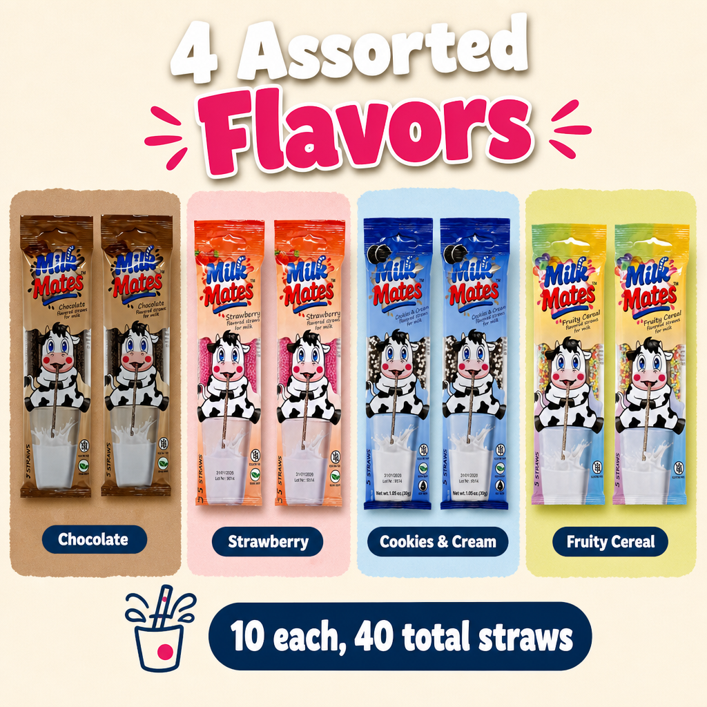 40 Milk flavoring Straws, 8 Packs Ea 5 Straws in 4 Flavors - Chocolate, Strawberry, Cookies & Cream, Fruity Cereal. Each Straw Perfect for a 7 oz Milk Glass. Flavor Straws For Milk.