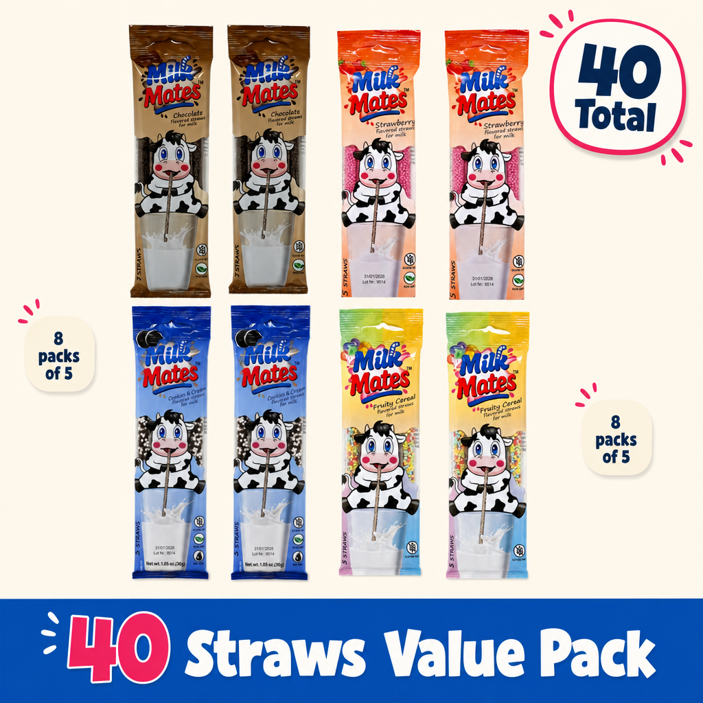 40 Milk flavoring Straws, 8 Packs Ea 5 Straws in 4 Flavors - Chocolate, Strawberry, Cookies & Cream, Fruity Cereal. Each Straw Perfect for a 7 oz Milk Glass. Flavor Straws For Milk.