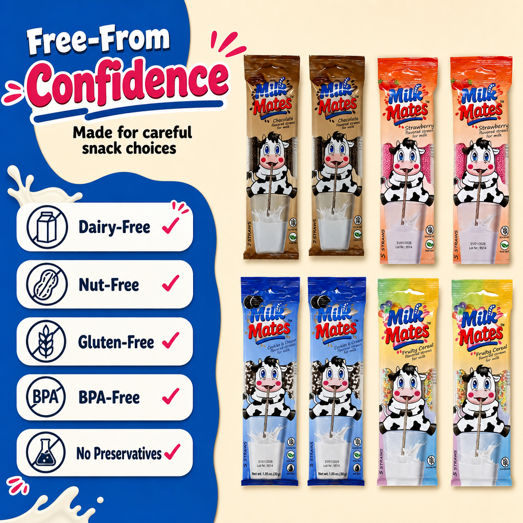 40 Milk flavoring Straws, 8 Packs Ea 5 Straws in 4 Flavors - Chocolate, Strawberry, Cookies & Cream, Fruity Cereal. Each Straw Perfect for a 7 oz Milk Glass. Flavor Straws For Milk.