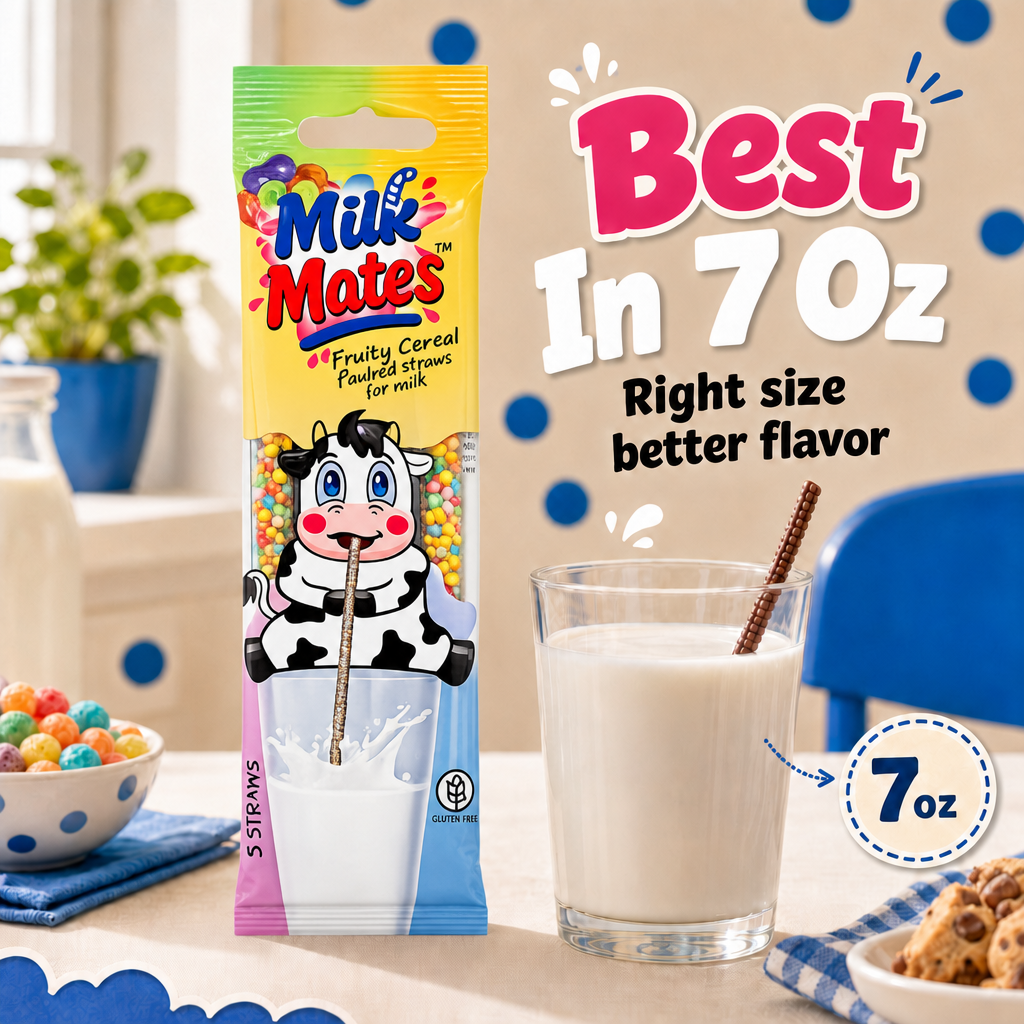 40 Milk flavoring Straws, 8 Packs Ea 5 Straws in 4 Flavors - Chocolate, Strawberry, Cookies & Cream, Fruity Cereal. Each Straw Perfect for a 7 oz Milk Glass. Flavor Straws For Milk.